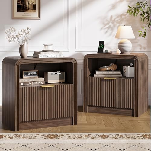 23'' Wide Fluted Nightstand Set of 2 with Charging Station (Walnut / 1 Drawer & Open Shelf)