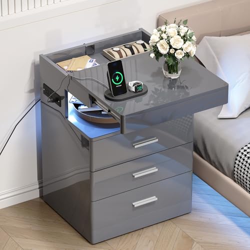 Led Nightstand with Hidden Space & Charging Station (Grey)