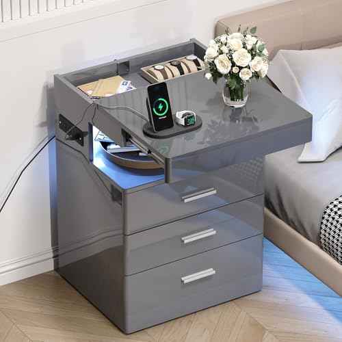 Led Nightstand with Hidden Space & Charging Station (Grey)