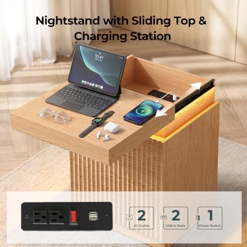 Fluted Nightstand with Charging Station and LED Lights (Oak)