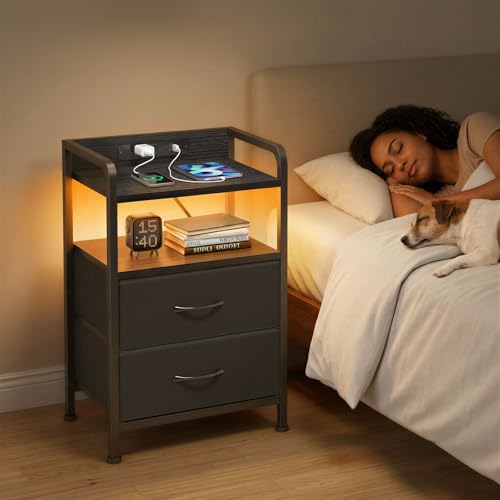 Black Led Nightstand (15.7"D x 11.8"W x 24.2"H (2 drawers) / Power+Light (1pc) / Black)