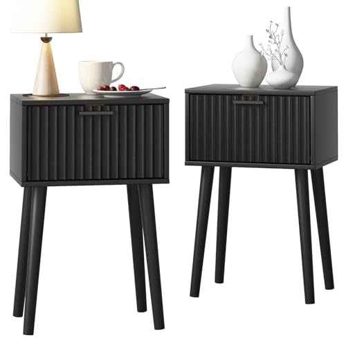Nightstands Set of 2 (Black / Fluted Style)