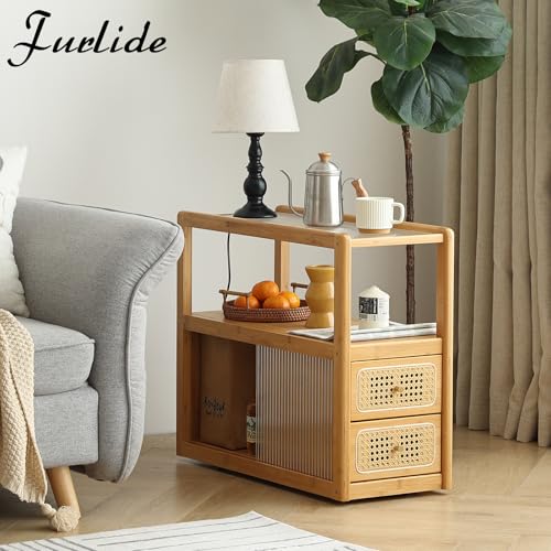 Rattan Nightstand Side Table with Storage (Wood)