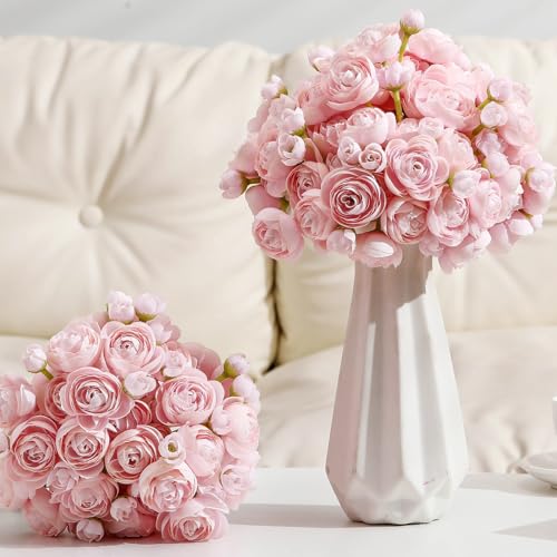 48 Pcs Ranunculus Artificial Flowers Faux Silk (Pink)