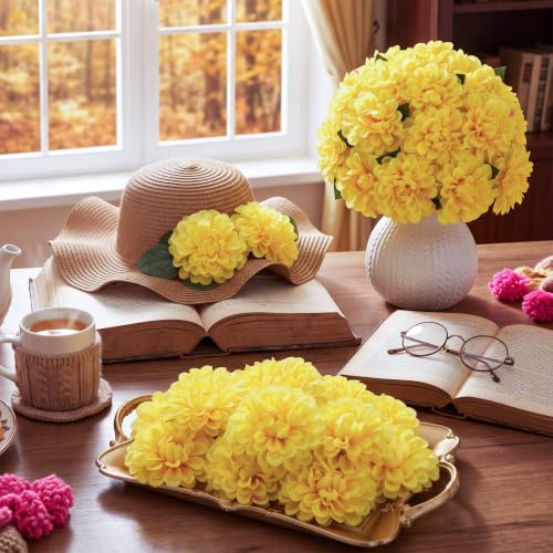 100pcs Yellow Artificial Dahlia Flowers with Stems (Yellow)