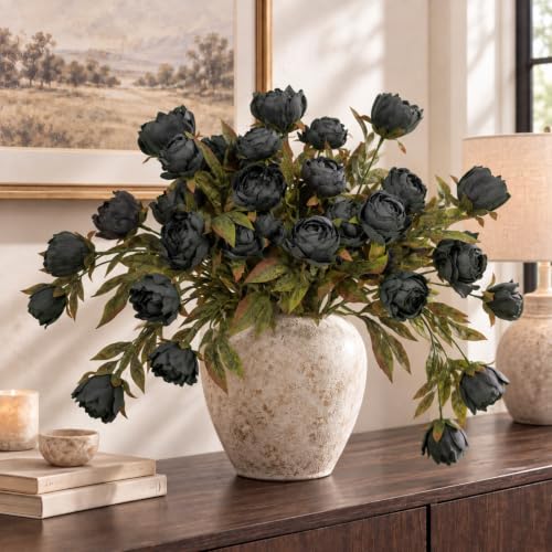 8 PCS 18" Faux Peonies Artificial Flowers Silk Flowers for Vase (Charcoal Black / 8P)