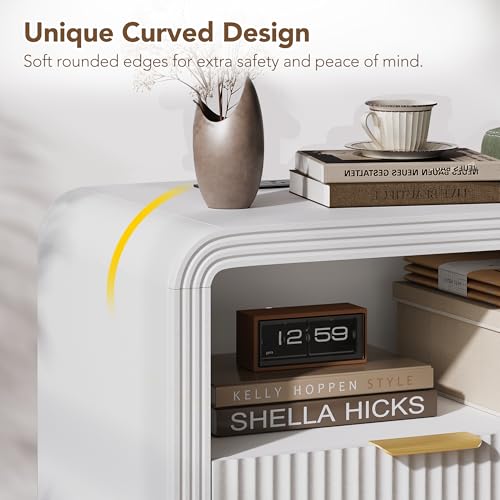 23'' Wide Fluted Nightstand Set of 2 with Charging Station (White / 1 Drawer & Open Shelf)