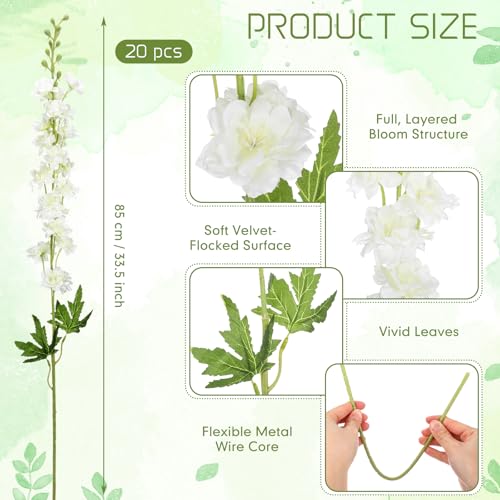 20 Delphinium Artificial Flowers 33.5" Long Stem (White)