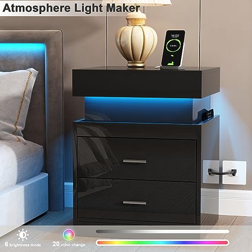 LED Nightstand with Charging Station and Sliding Storage (Black / 1 Pack)