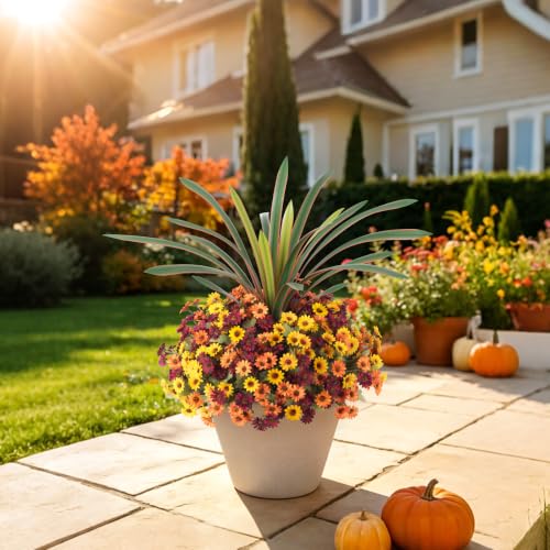 Artificial Fall Flowers Fake Mums Plants for Outdoors Decoration (4 Mixed Colors(4 Yellow, 4 Orange, 4 Fuchsia, 1 Orchid Leaf))