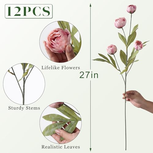12 Pcs 27" Faux Silk Peony Artificial Flowers Stems for Vase (Blush Pink)