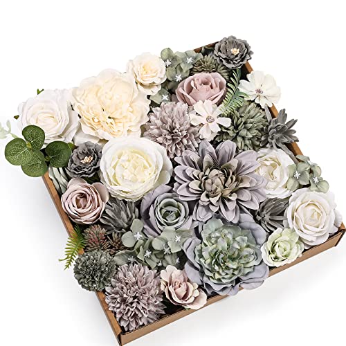 Artificial Flowers Combo Roses 25pcs Silk Fake Flowers for DIY Wedding Bouquets Combo Gradual Change Centerpieces Arrangements Party Bridal Baby Shower Home Decorations (Purple Green)