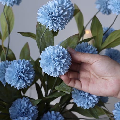 6 Pcs 27"Artificial Pompon Mum Silk Flower Stems for Vase (Dusty Blue)