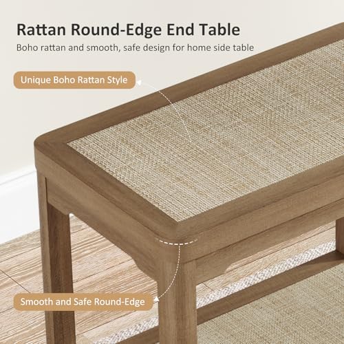 Rattan Side Table End Table with Round Edge Design (Caramel Oak, Round Edges)