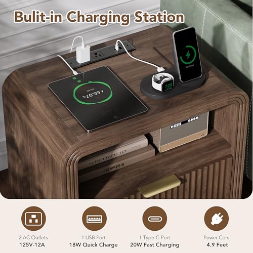 23'' Wide Fluted Nightstand Set of 2 with Charging Station (Walnut / 1 Drawer & Open Shelf)