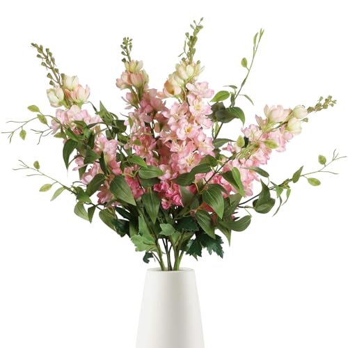Pink Silk Delphinium Flowers Combo Clematis Greenery 8pcs Long Stem Pink Fake Larkspur Flowers Floral Arrangements for Tall Vase Table Party Home Decor (Pink)