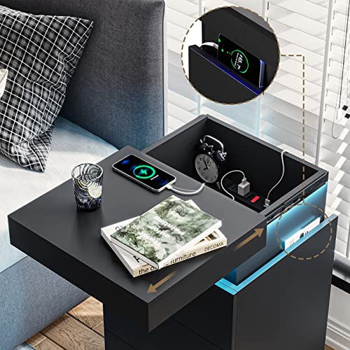 Black Nightstand with Charging Station and LED Lights (Black)