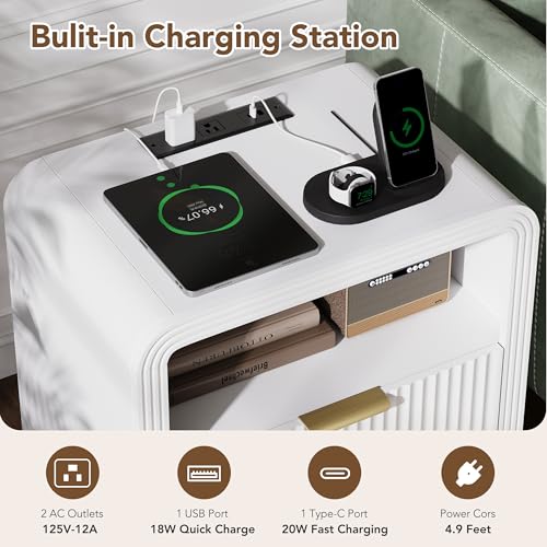 23'' Wide Fluted Nightstand Set of 2 with Charging Station (White / 1 Drawer & Open Shelf)