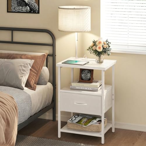 Bedside Table with 3 Color Temperatures Bulb Attached (15.7"D x 11.8"W x 23.5"H (1 drawer) / Power+Lamp (1pc) / White)