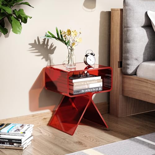 Acrylic Nightstand Bedside Side Table (Red)