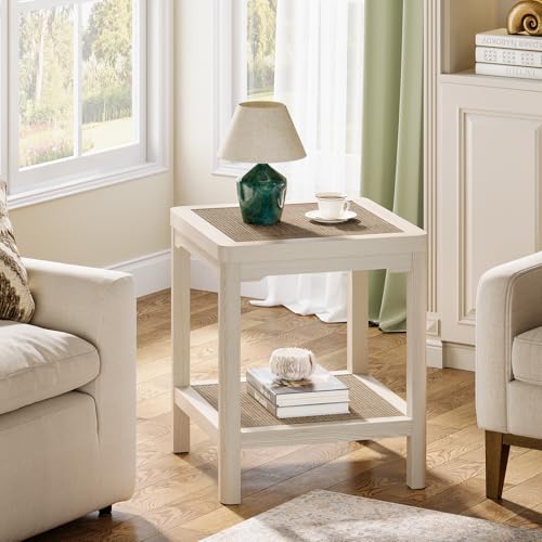 Square Rattan End Table Side Table Set of 2 with Round Edge Design (Creamy White, Square)