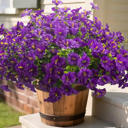 Artificial Faux Flowers for Outdoor 16 Bundles Boxwood Fake Morning Glory for Planter (Purple)