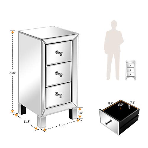 3 Drawer Mirrored Nightstand End Table Bedside Table for Bedroom (1 Pack / Assembly: Knobs Only / Actual Glass Mirror Finish)