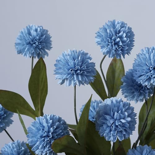 6 Pcs 27"Artificial Pompon Mum Silk Flower Stems for Vase (Dusty Blue)