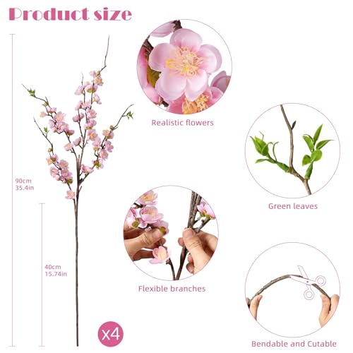 Pink Cherry Blossom Branches Artificial Plum Blossom Fake Flowers Artificial Flowers Silk Flowers 4PCS 35.4'' Long Stem Artificial Flowers for Tall Vase for Indoor Home Decoration (Pink)