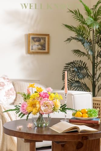 Artificial Flowers Centerpieces in Glass Vase with Fake Water (Yellow & Hot Pink Plus)