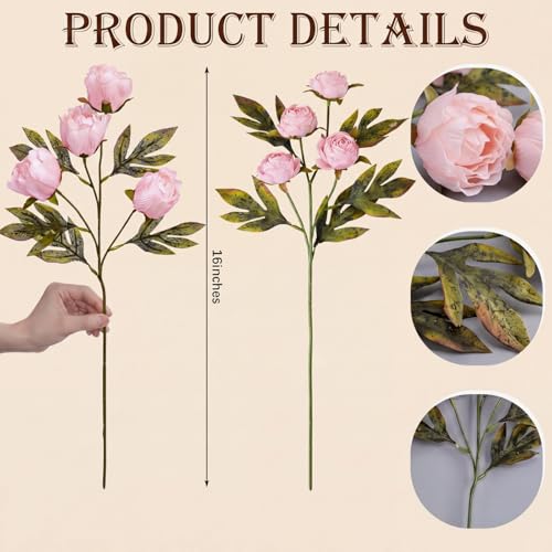 Faux Silk Peony Artificial Flowers Stem for Vase (Pink)
