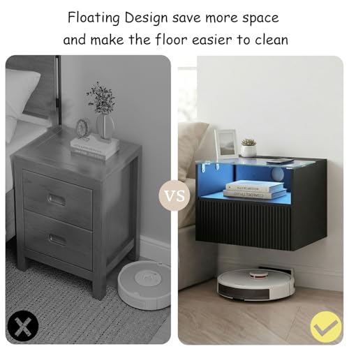 Floating Nightstand Set of 2 with Charging Station and Drawer (Black)