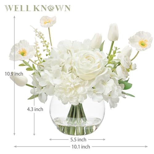 Artificial Flowers for Table Decoration Silk Hydrangea Flowers with Vase Fake Flower Arrangements in Round Bowl Vase with Faux Water for Summer Spring (Mix Hydrangea-white)