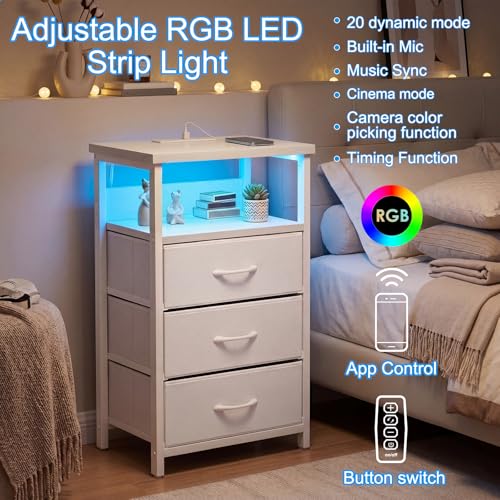 Night Stand with 3 Drawers (15.7"D x 11.8"W x 26.9"H (3 drawers) / Power+Light (1pc) / White)