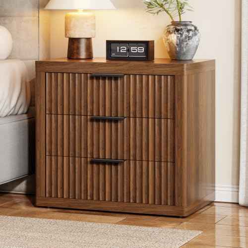 Fluted Nightstand with 3 Drawers (Walnut)