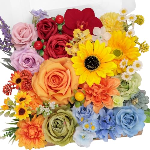 Rainbow Sunflower Artificial Flowers Box Combo Wedding Decor (Rainbow Colorful)