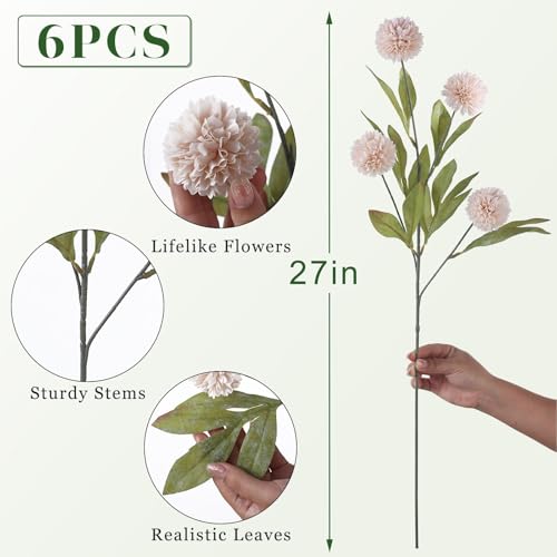 6 Pcs 27" Artificial Pompon Mum Silk Flower Stems for Vase (Beige)