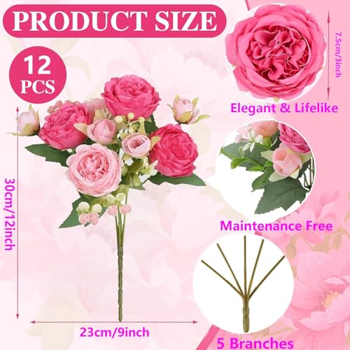 Pink Peonies Artificial Flowers 12 Bouquets (Rose Red + Pink)