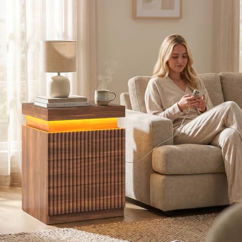 Fluted Nightstand with Charging Station and LED Lights (Walnut)