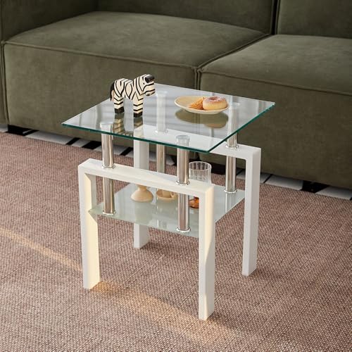 2pcs Modern Glass End Table (Clear Top With White Leg)