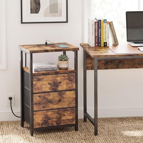 Night Stand with Charging Station (15.7"D x 11.8"W x 26.9"H (3 drawers) / Power (1pc) / Rustic Brown)