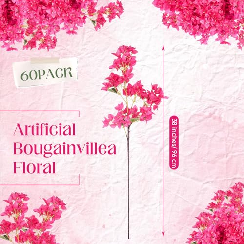 60 Pack Artificial Bougainvillea Bulk Silk Flower (Rose Red,)