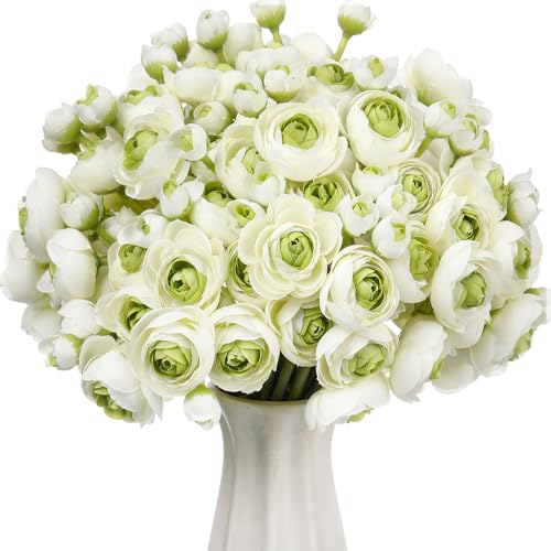 48 Pcs Ranunculus Artificial Flower (White,green)