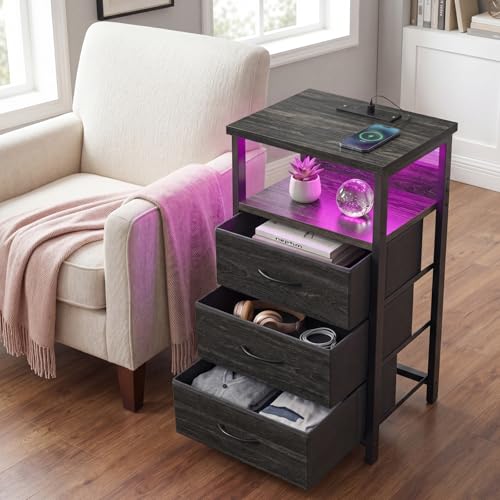 Night Stand with 3 Fabric Drawers (15.7"D x 11.8"W x 26.9"H (3 drawers) / Power+Light (1pc) / Black Oak)