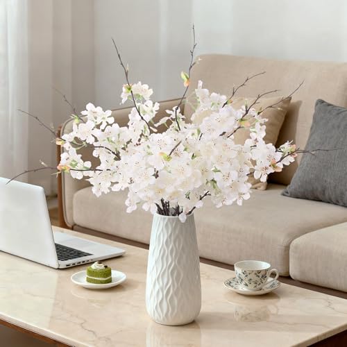 Artificial Cherry Blossom Branches Decor 12 PCS Fake Flowers Indoor (12pcs-18.11 Inch White)