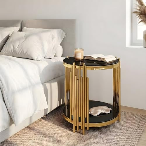 19.7''D Round Glass Side End Table with 2 Tiers (Gold & Black)