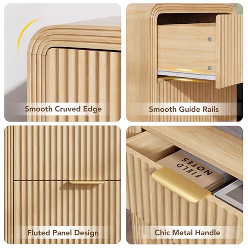 23'' Wide Fluted Nightstand with Charging Station (Oak / 2 Drawers)