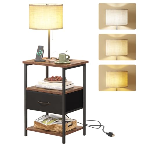 Nightstand with Lights Bedside Table with 3 Color Temperatures Bulb (15.7"D x 11.8"W x 23.5"H (1 drawer) / Power+Lamp (1pc) / Rustic Brown & Black)