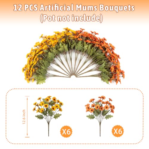 Artificial Fall Flowers Fake Mums Plants for Outdoors Decoration (6 Yellow, 6 Orange)
