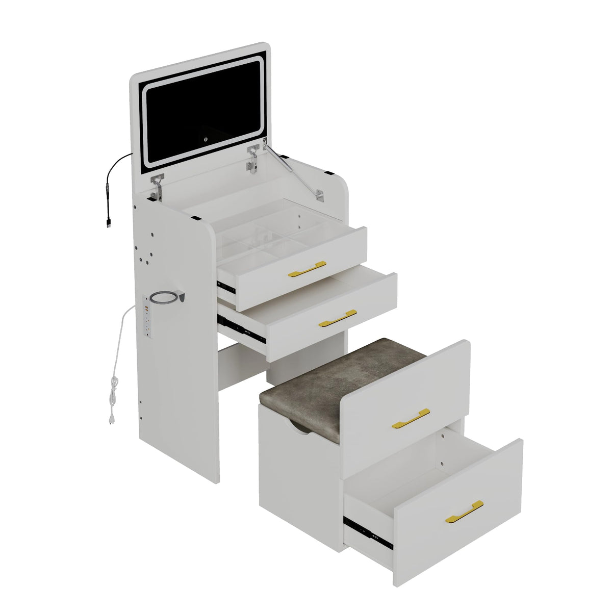 3-in-1 Vanity Desk Set with Stool, Small Flip-Up Makeup Table, White (White / 23.6 Inch)